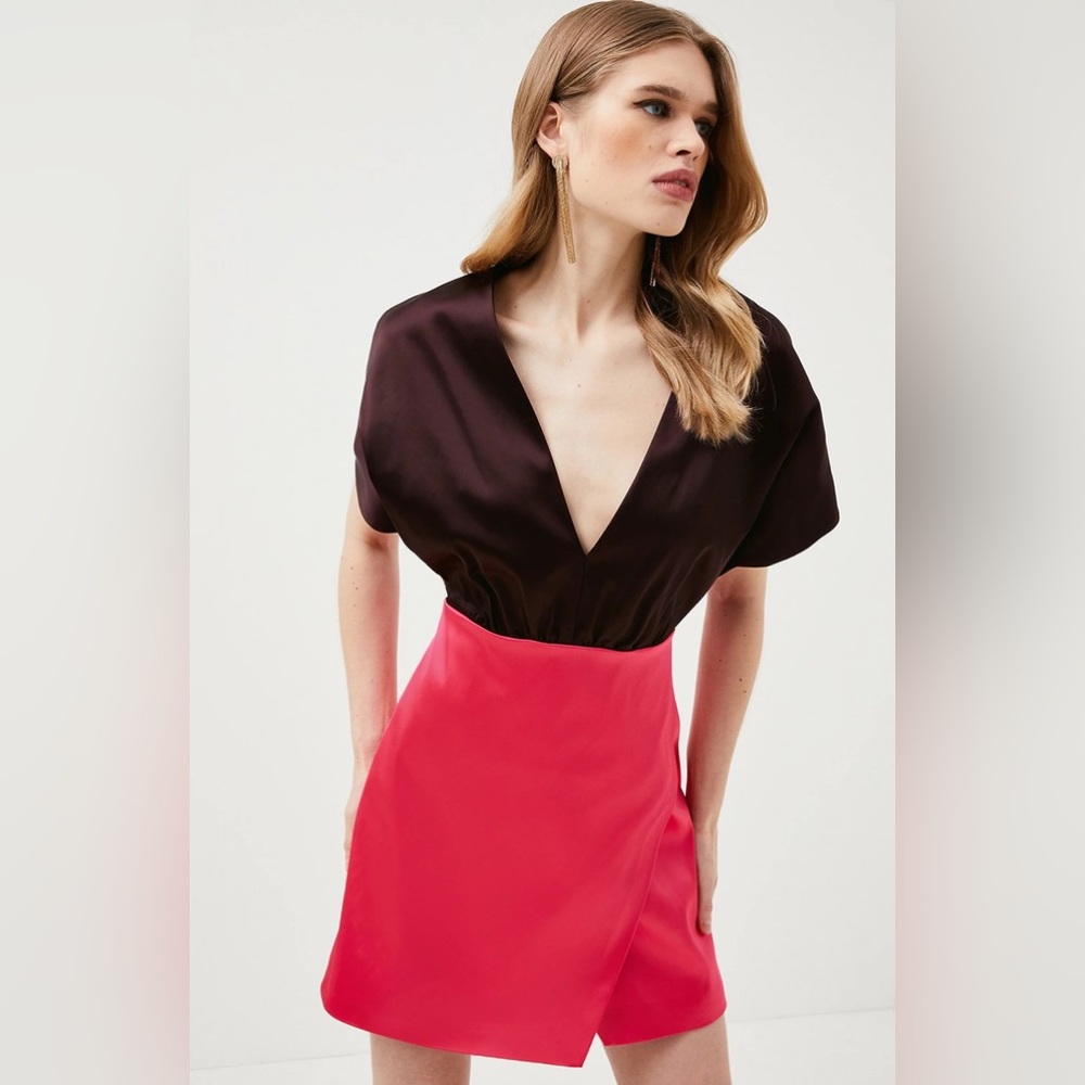 NWT Karen Millen Italian Structured Satin Contrast Mini Dress